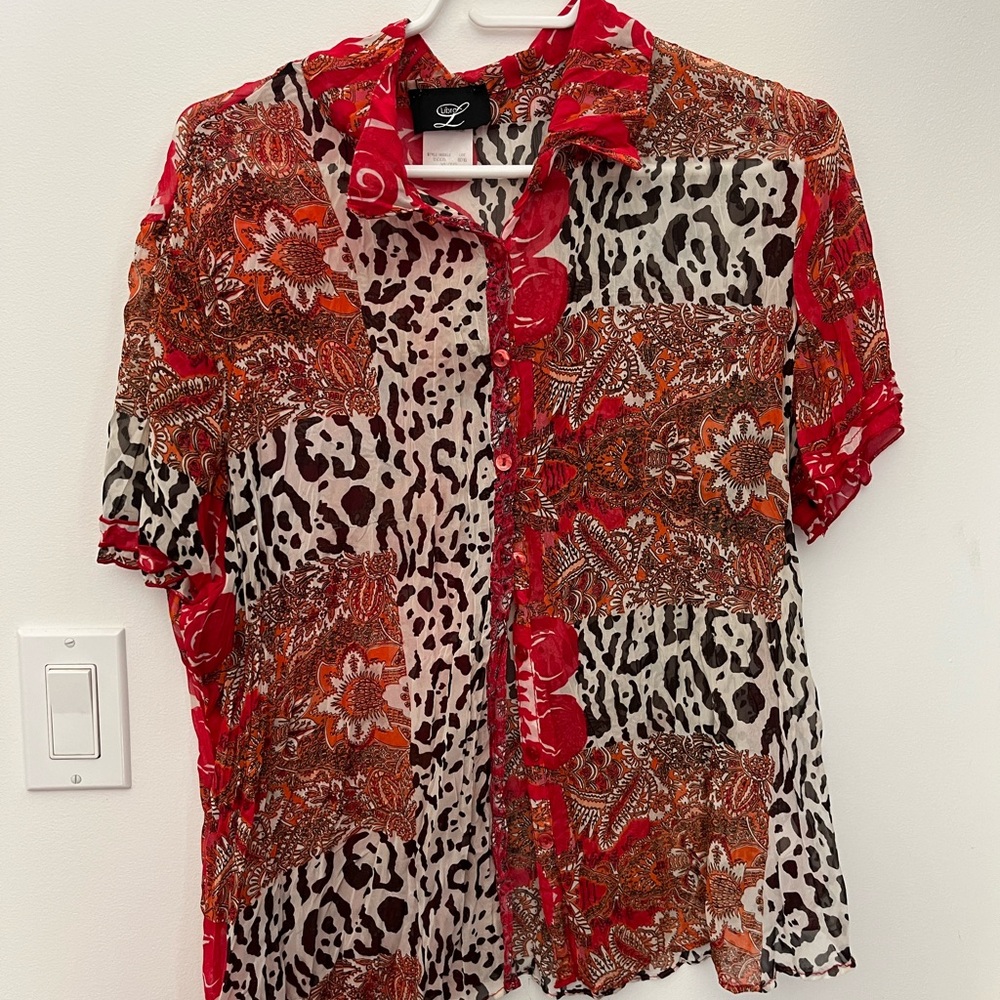Vintage Sheer Red and Black Patterned Women's Button Down Shirt